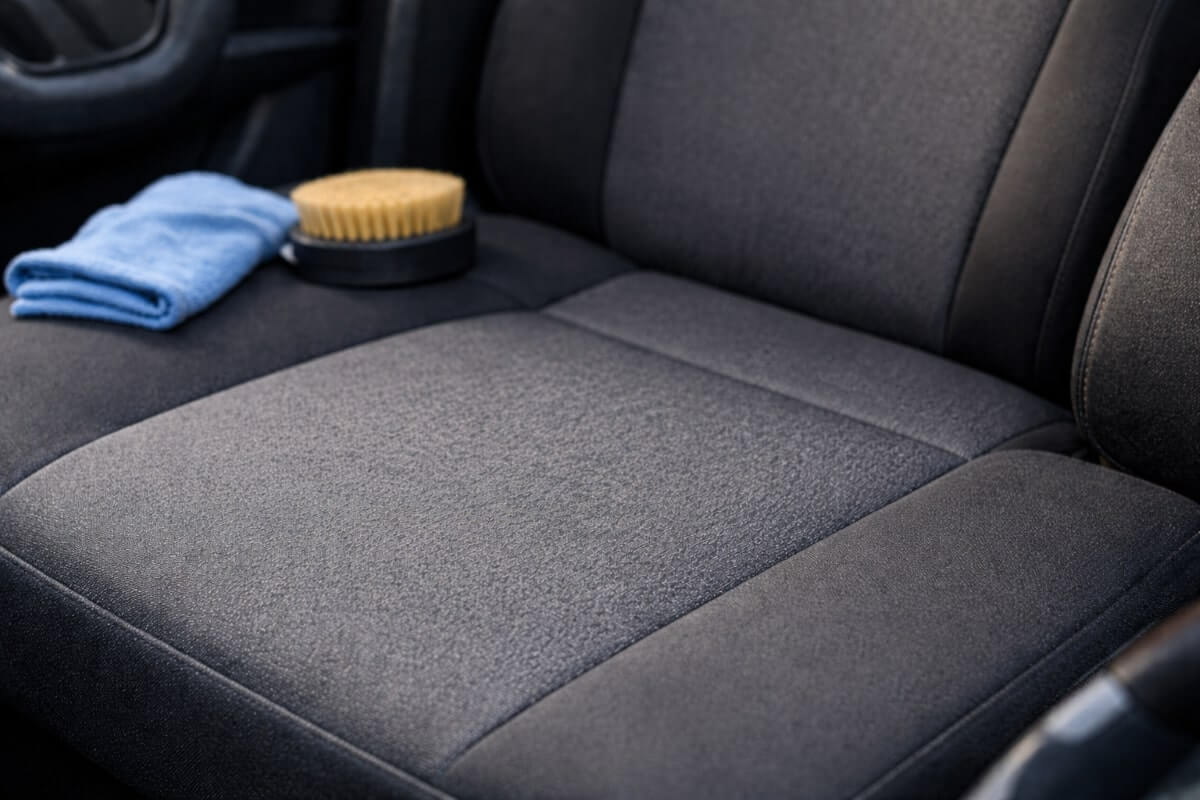 صورة مقعد سيارة بعد تنظيفه يظهر نظيفًا وأنيقًا. المقاعد القماشية أصبحت خالية من البقع، مع اختلاف واضح في اللون بعد استخدام المنظف.