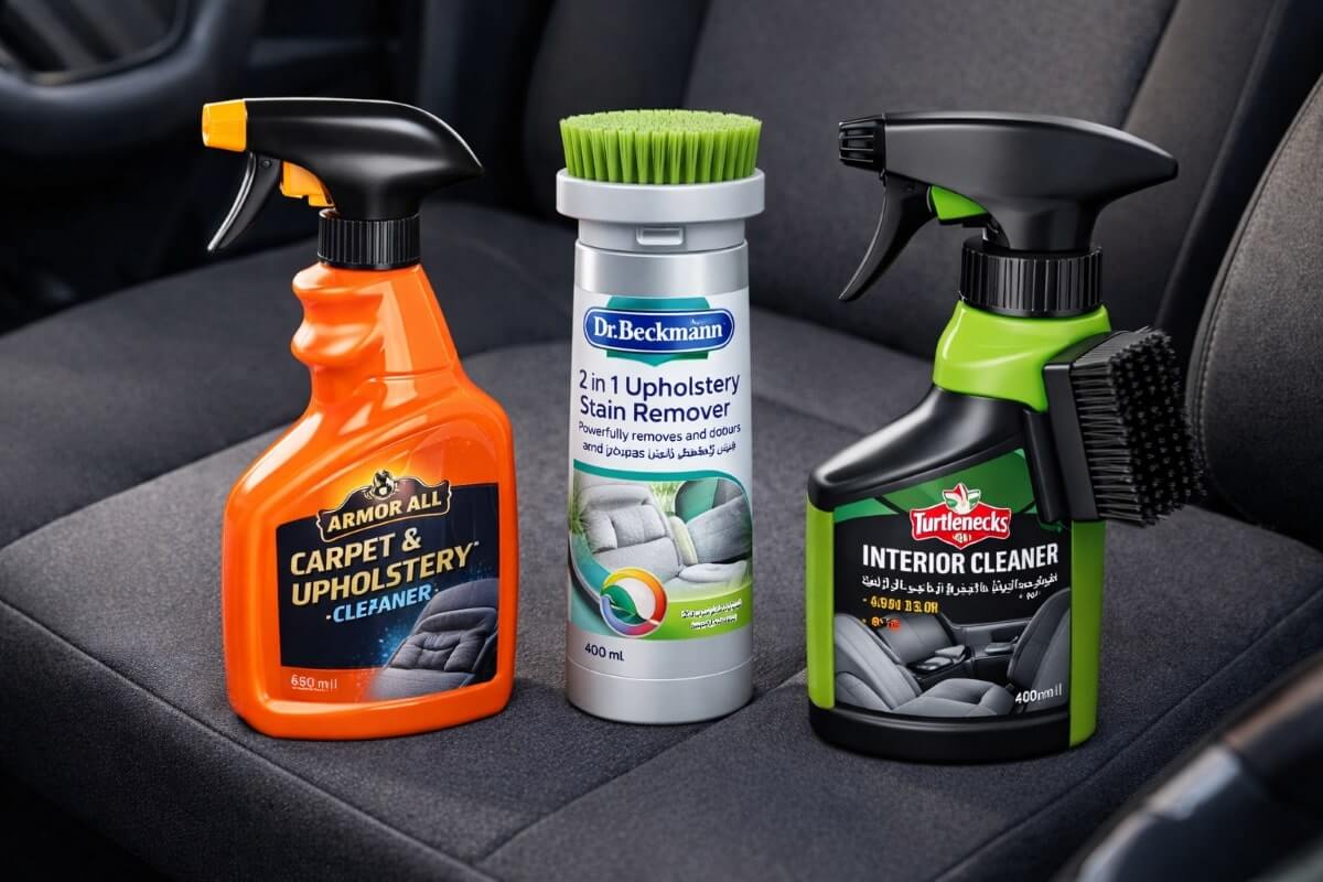 صورة لثلاثة منظفات مقاعد سيارات مرتبة على مقعد قماش رمادي في السيارة. من اليسار إلى اليمين: زجاجة ARMOR ALL لتنظيف السجاد والمفروشات، زجاجة دكتور بيكمان لإزالة بقع التنجيد مع فرشاة خضراء، وزجاجة Turtlenecks لتنظيف المقصورة مع فرشاة سوداء.
