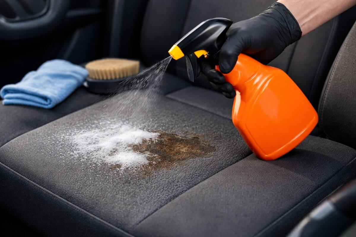 صورة ليد شخص تستخدم بخاخ تنظيف مقاعد السيارة على مقعد قماشي داخل السيارة. يظهر المنتج بشكل واضح أثناء الرش، مع تركيز على اليد والمنتج.