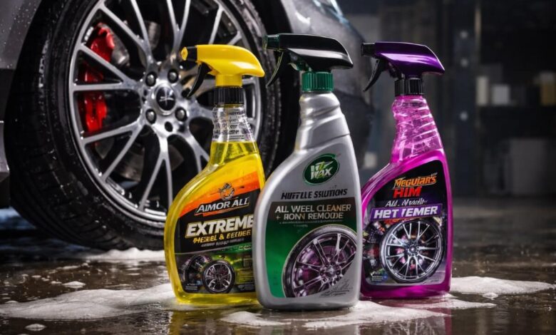 صورة توضح منظفات جنوط سيارات للاستخدام المنزلي مع جنط سيارة نظيف