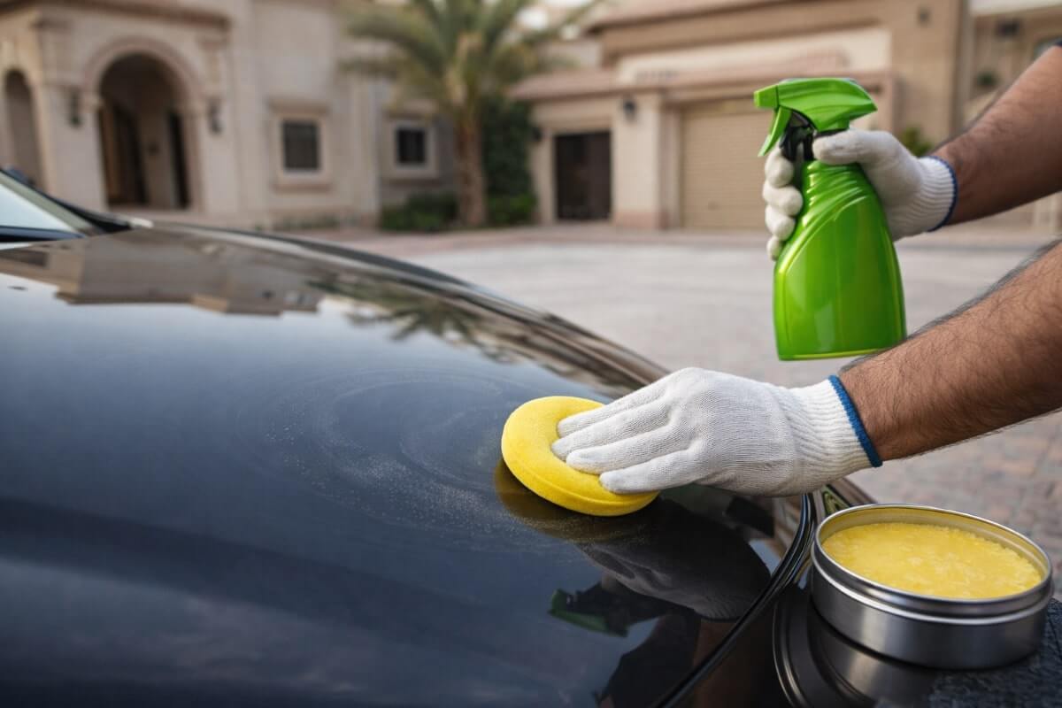 تطبيق شمع سيارات على طلاء سيارة سوداء في فناء منزل سعودي باستخدام أدوات بسيطة