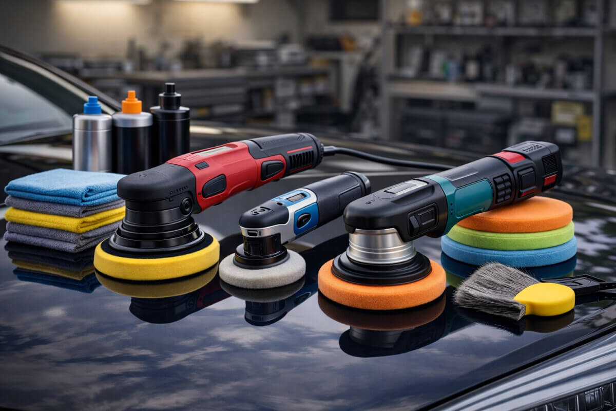 مجموعة أجهزة تلميع سيارات للاستخدام المنزلي موضوعة للمقارنة على سطح سيارة