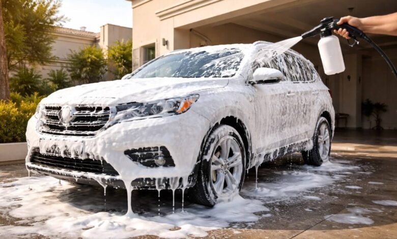 فوم غسيل سيارات كثيف يغطي هيكل سيارة أثناء الغسيل المنزلي أمام منزل في السعودية