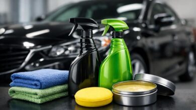 سيارة حديثة بطلاء لامع بعد استخدام شمع سيارات للحماية في فناء منزل سعودي