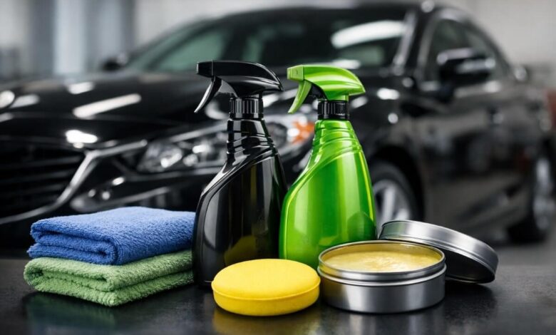 سيارة حديثة بطلاء لامع بعد استخدام شمع سيارات للحماية في فناء منزل سعودي