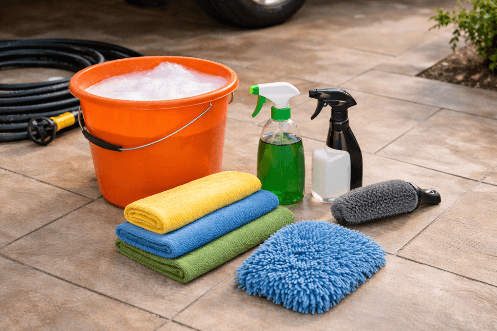 أدوات أساسية للعناية بالسيارة في البيت مثل دلو الماء وقفاز الغسيل والمناشف 