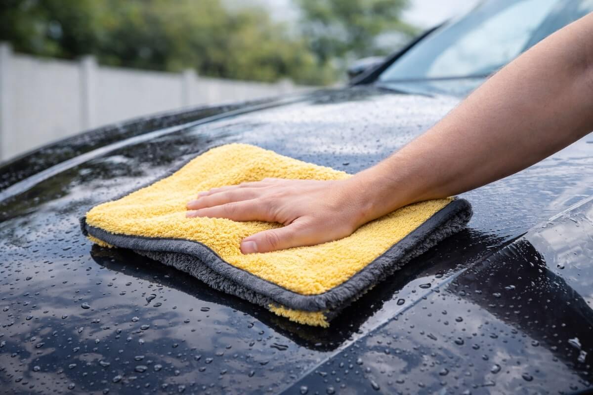 تنشيف السيارة بعد الغسيل باستخدام منشفة مايكروفايبر بطريقة صحيحة بدون خدوش