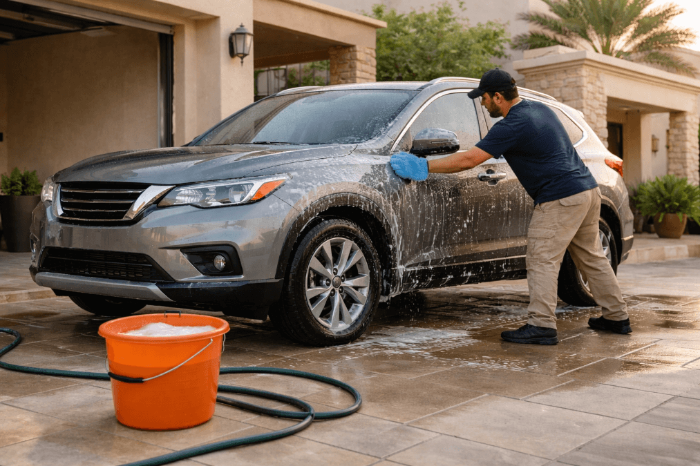 طريقة العناية الخارجية بالسيارة في البيت باستخدام الغسيل اليدوي الآمن 