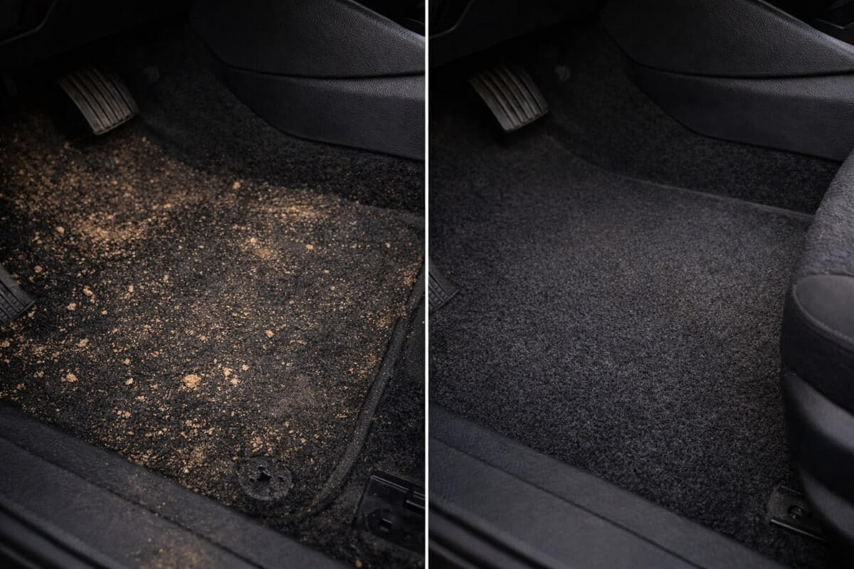 أرضية سيارة قبل وبعد التنظيف بالمكنسة في الاستخدام المنزلي