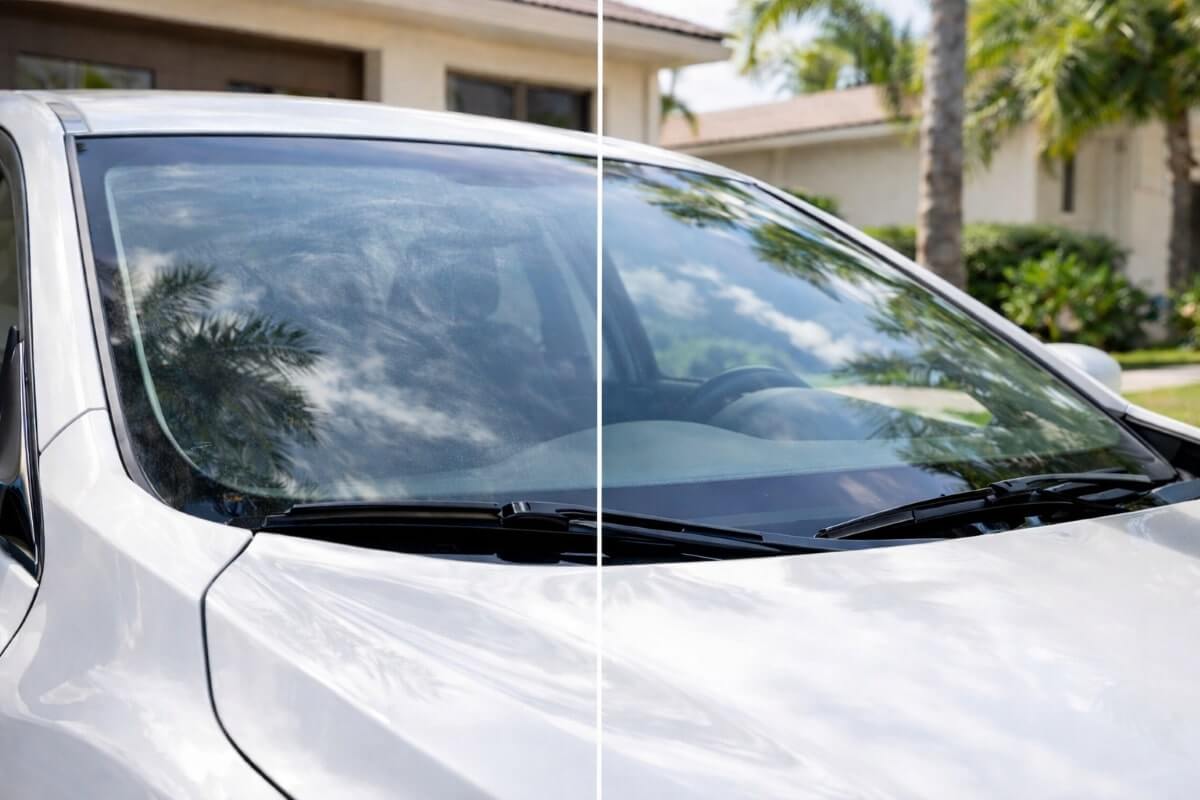 مقارنة قبل وبعد تنظيف زجاج السيارة لإظهار وضوح الرؤية