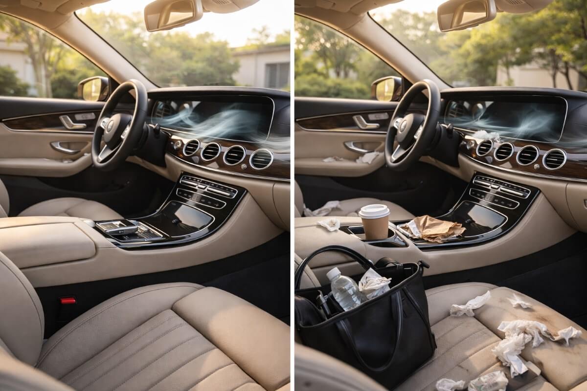 مقارنة بين داخل سيارة نظيف وداخل سيارة مهمل توضح تأثير العناية الداخلية على الروائح