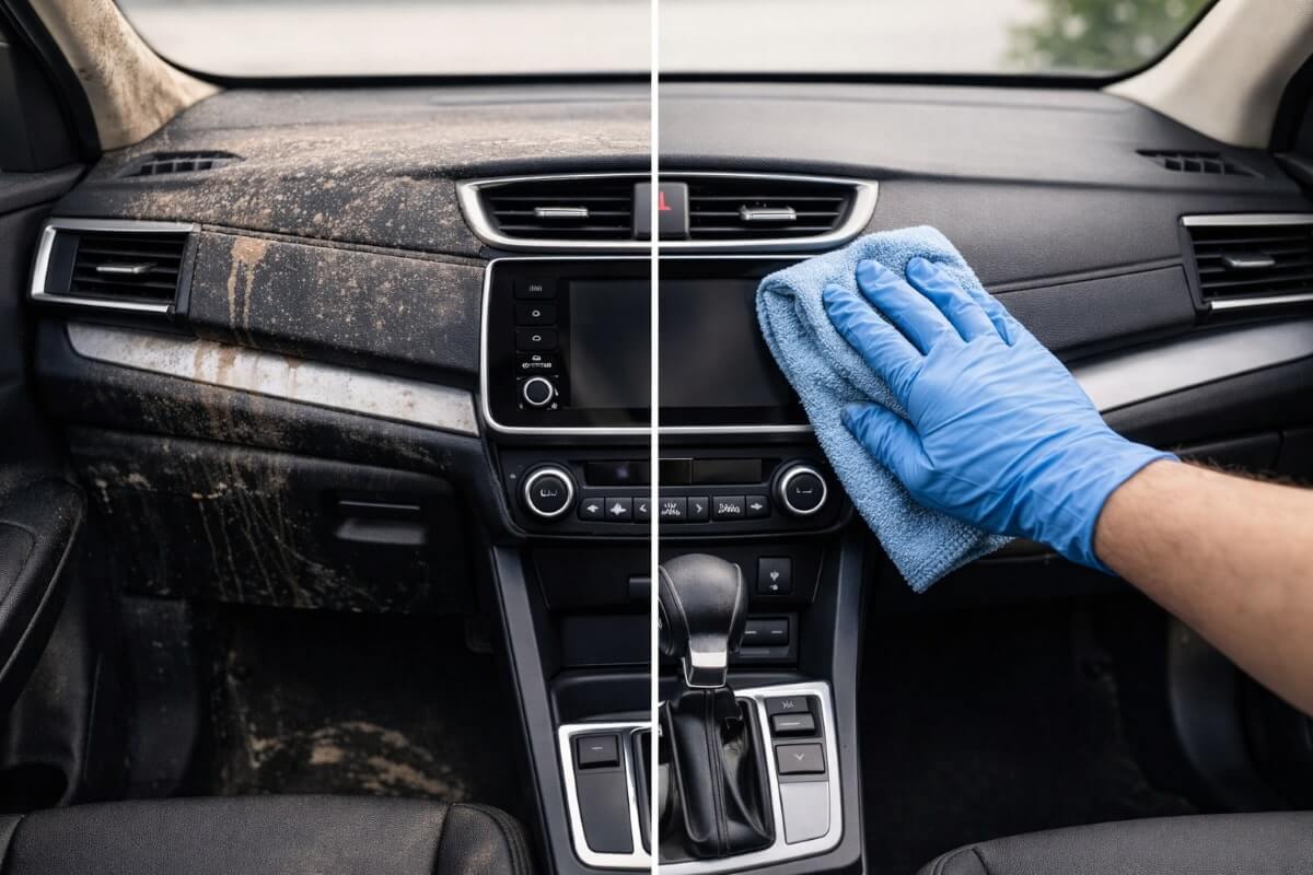 مقارنة تنظيف داخل السيارة قبل وبعد الاستخدام