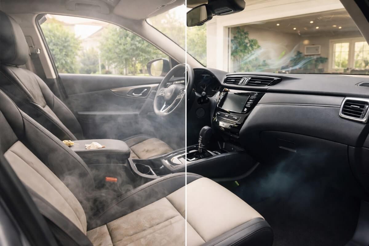 مقارنة بين داخل سيارة برائحة غير مرغوبة وداخل سيارة منعش بعد إزالة الروائح