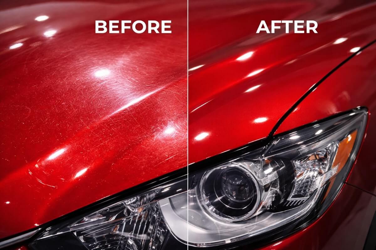 تحسن لمعان طلاء السيارة قبل وبعد استخدام ملمع الطلاء