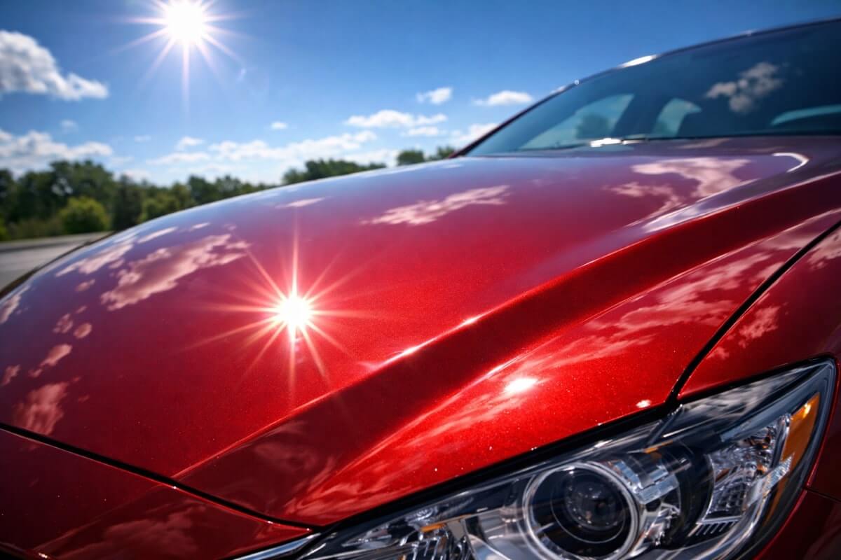لمعان طلاء السيارة بعد التلميع تحت ضوء الشمس