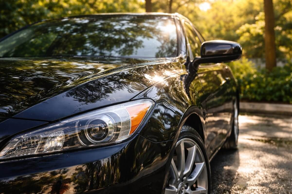 لمعان طلاء السيارة بعد الغسيل مع انعكاس الضوء على السطح الخارجي