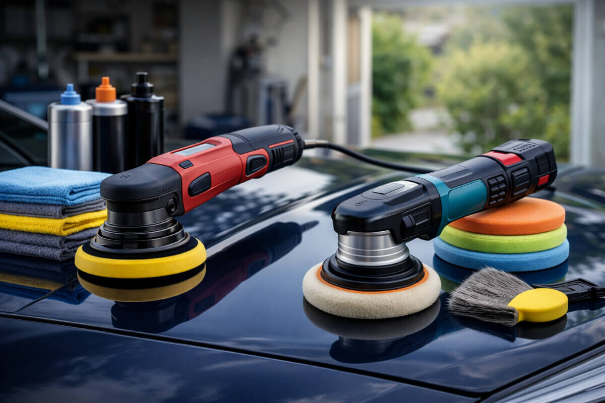 أجهزة تلميع سيارات مختلفة توضح الفروقات في الحجم وطريقة الاستخدام المنزلي