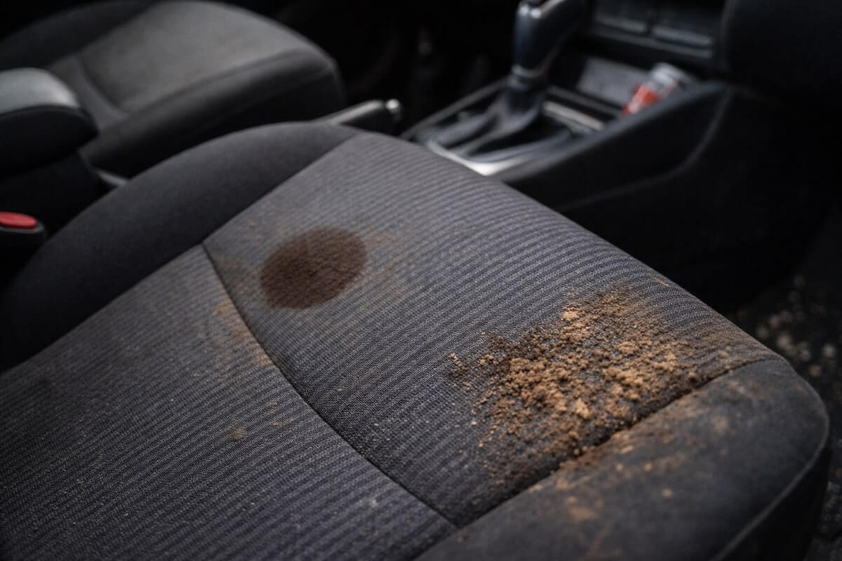 بقع قهوة وأوساخ على تنجيد وسجاد سيارة من الداخل