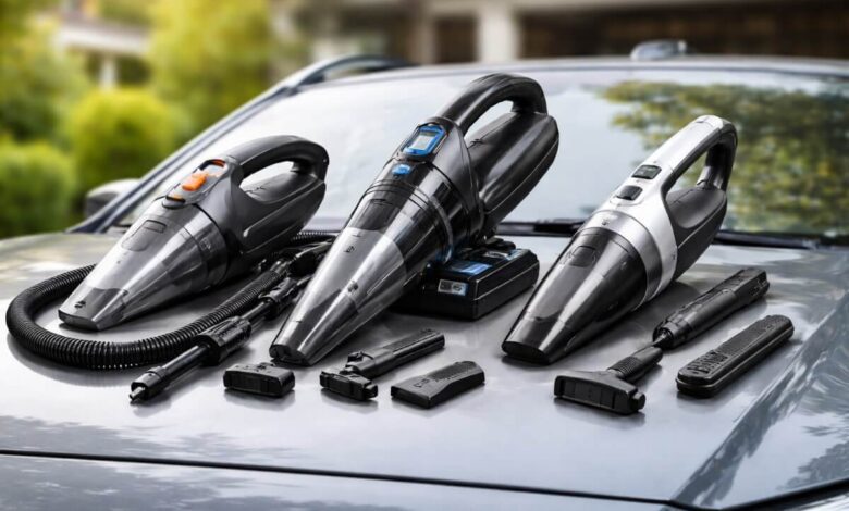 مقارنة بين أنواع مكانس سيارات للاستخدام المنزلي موضوعة بجانب سيارة