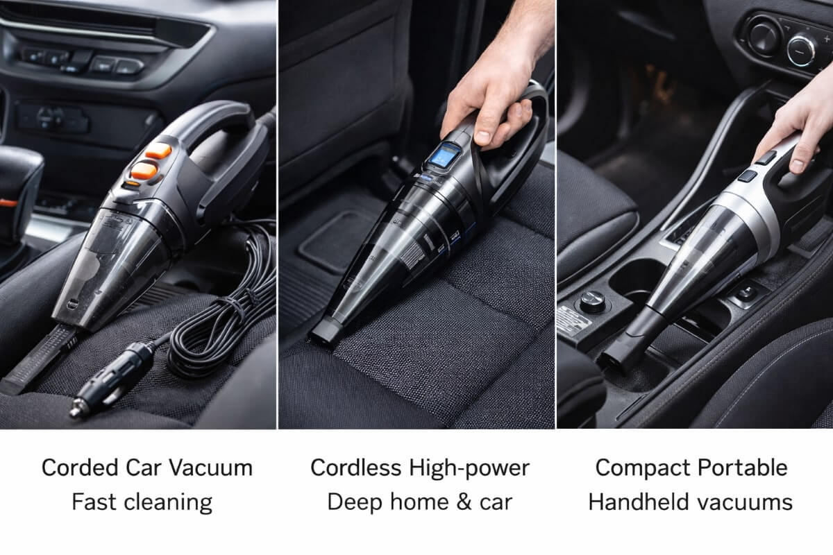 صورة توضح أنواع مكانس السيارات المختلفة حسب طريقة الاستخدام المنزلي