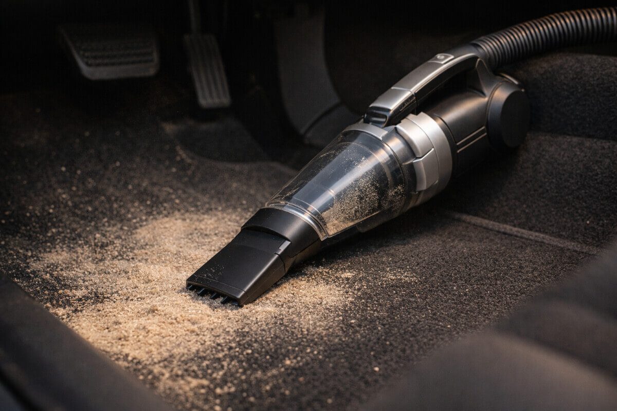 تنظيف أرضية السيارة من الغبار والرمال باستخدام مكنسة سيارة