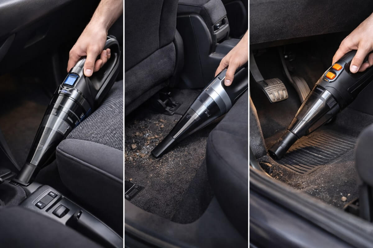 استخدام مكنسة سيارة لتنظيف الزوايا والأماكن الضيقة داخل السيارة