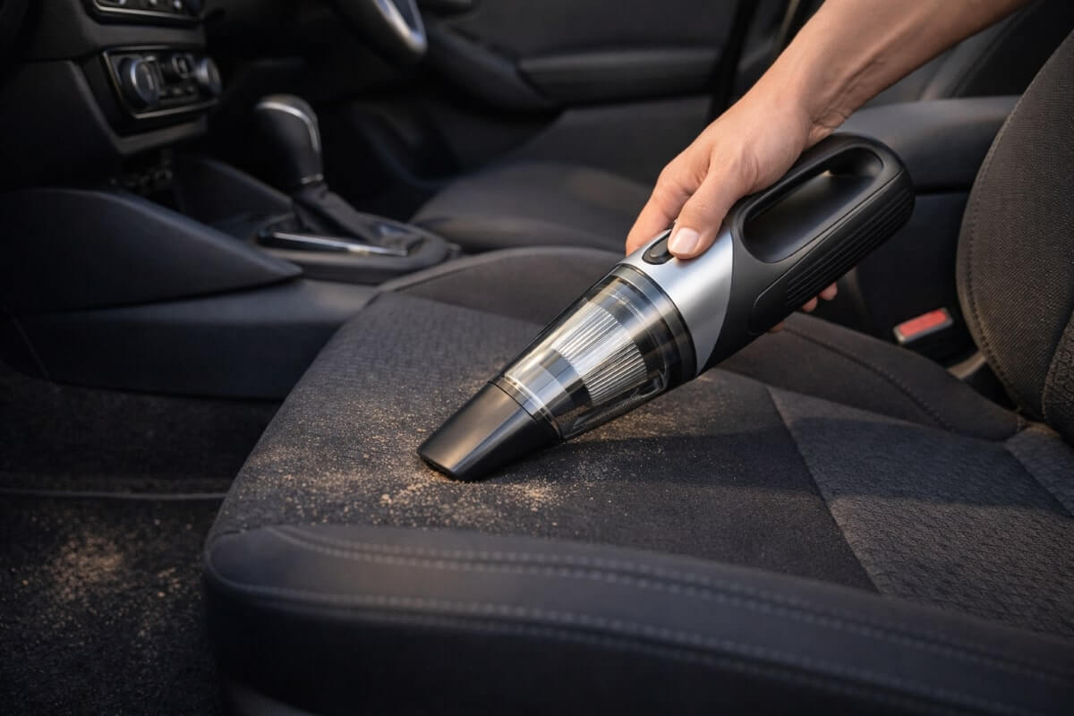 استخدام مكنسة سيارة محمولة لتنظيف المقاعد والأرضيات داخل السيارة