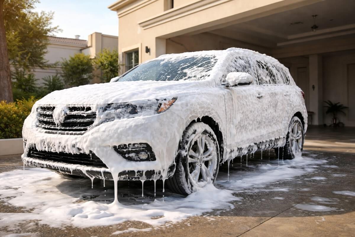 رغوة فوم غسيل سيارات كثيفة تغطي هيكل السيارة وتساعد على إزالة الأوساخ