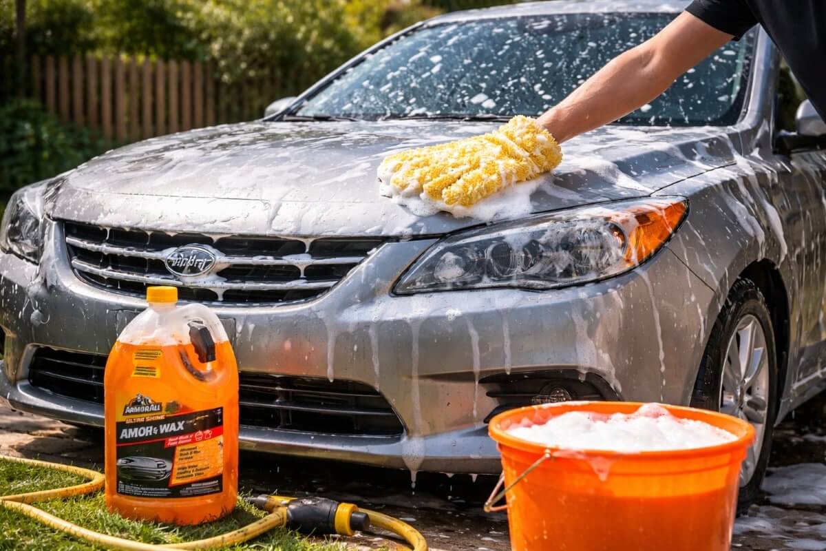 غسيل سيارة يدوي في المنزل باستخدام رغوة منظف لطيف على الطلاء