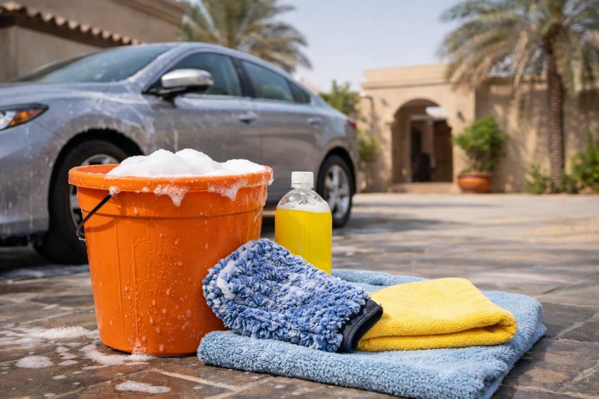 أدوات غسيل السيارة في المنزل تشمل دلو وشامبو وقفاز مايكروفايبر