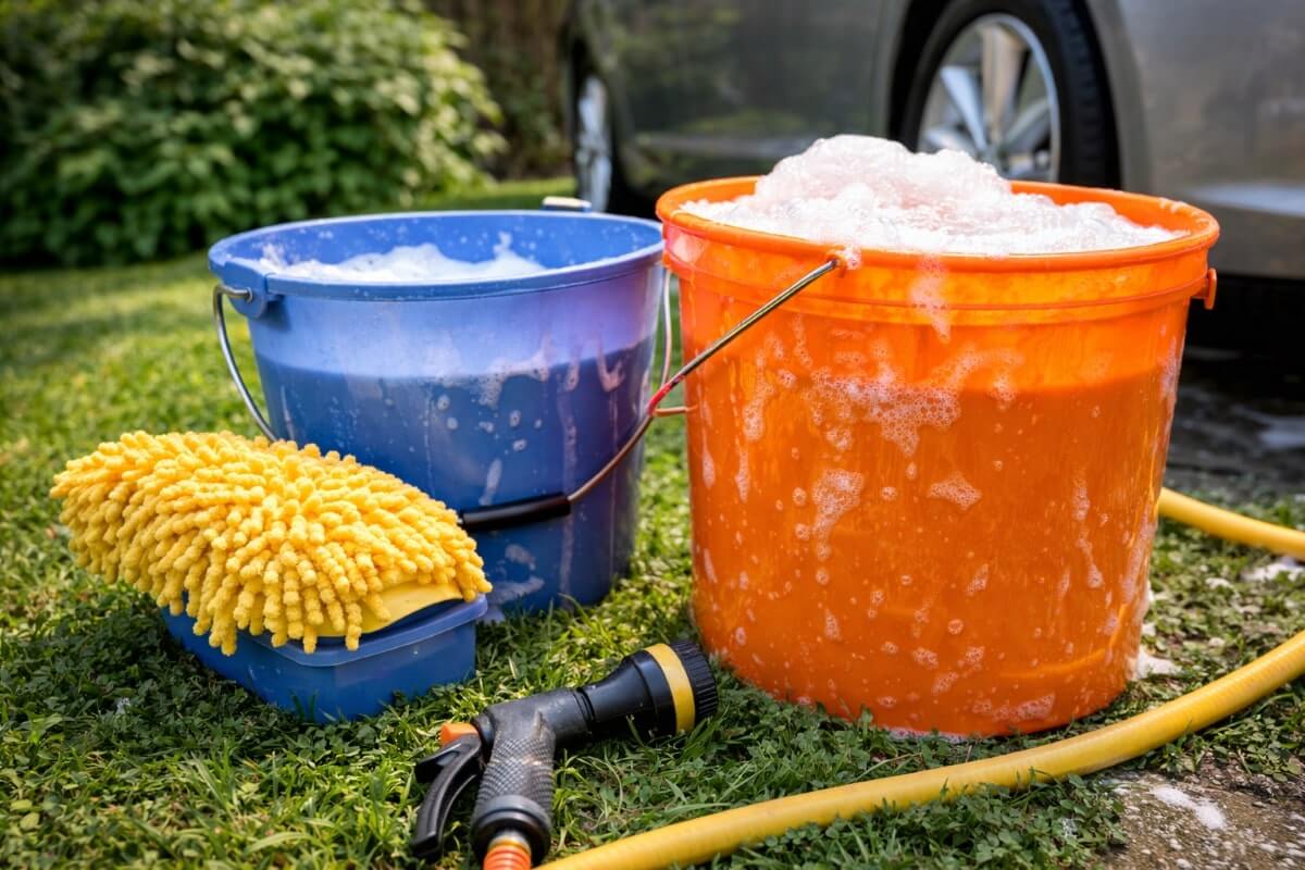 أدوات غسيل السيارة المناسبة للاستخدام المنزلي مثل الدلو وقفاز المايكروفايبر
