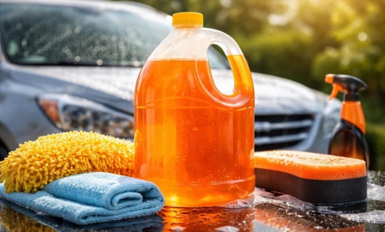 غسيل سيارة في المنزل باستخدام منظف مع شمع يمنح لمعانًا خفيفًا للطلاء