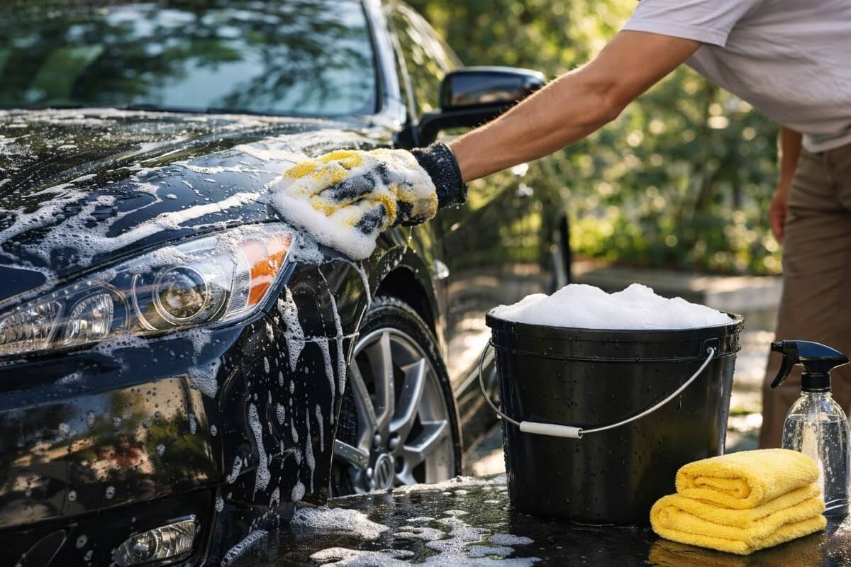 غسل السيارة يدويًا في المنزل باستخدام قفاز غسيل ورغوة لطيفة على الطلاء الخارجي