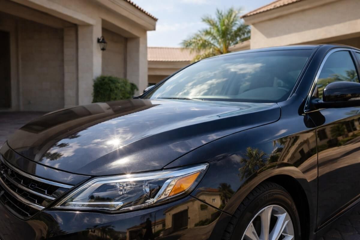 لمعان طلاء سيارة بعد استخدام شمع سيارات بخاخ أمام منزل وتحت أشعة الشمس