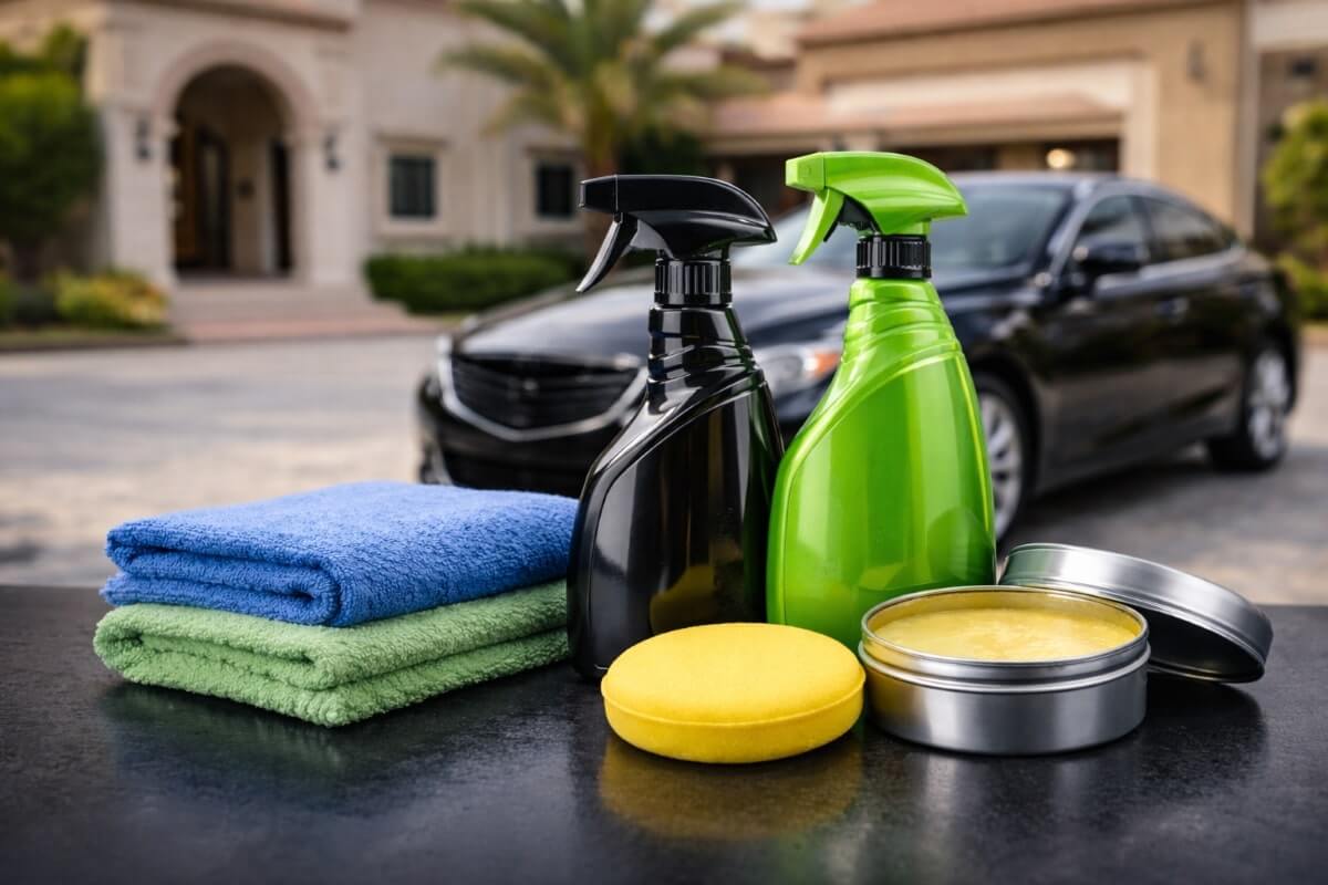 أدوات شمع سيارات للاستخدام المنزلي مرتبة أمام سيارة نظيفة في بيئة سكنية سعودية