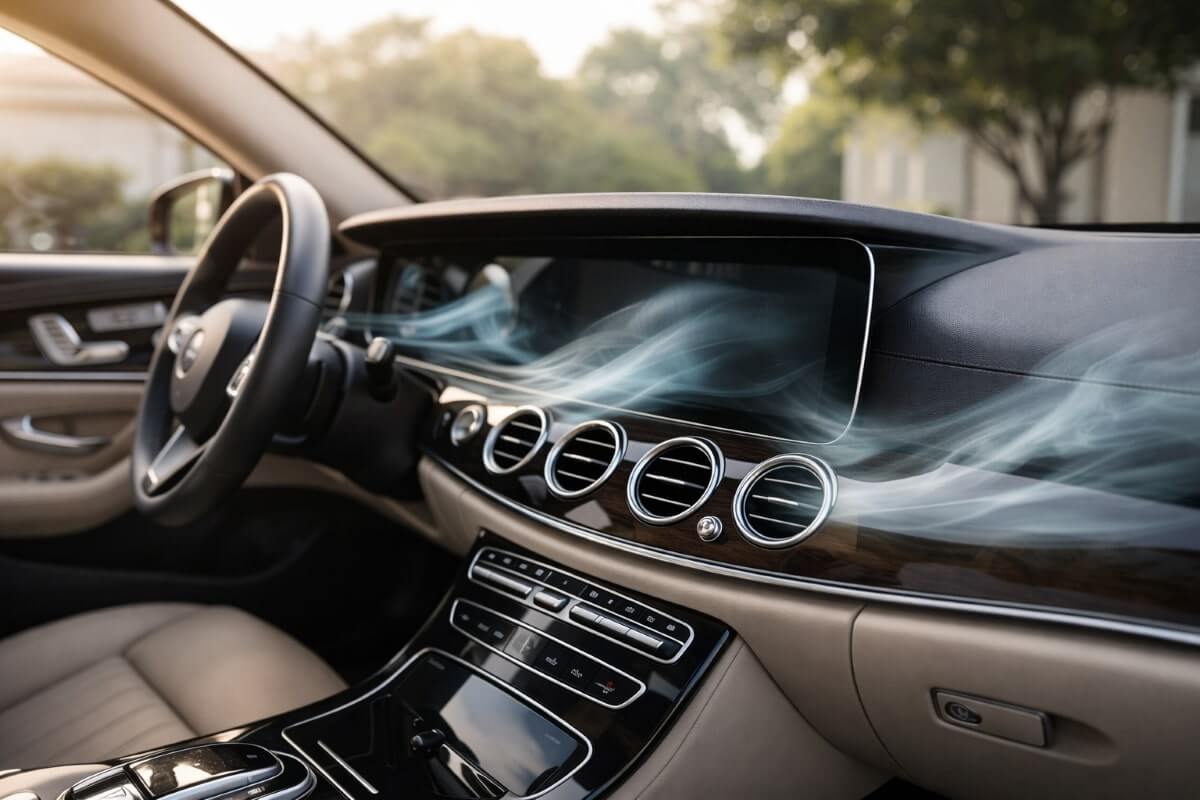 فتحات تهوية داخل سيارة نظيفة مع إحساس بالانتعاش توضح اختيار معطر سيارة مناسب للاستخدام اليومي