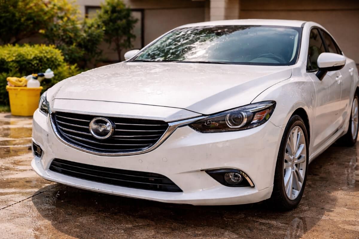 سيارة نظيفة ولامعة بعد الغسيل باستخدام شامبو فوم في المنزل