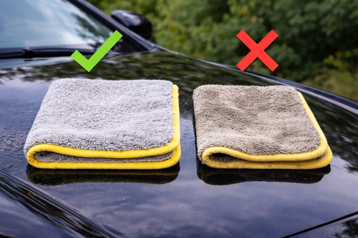 منشفة مايكروفايبر نظيفة وأخرى متسخة وتأثيرها على طلاء السيارة