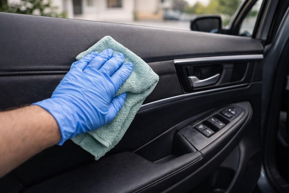 تنظيف ألواح أبواب السيارة من الداخل باستخدام قطعة مايكروفايبر