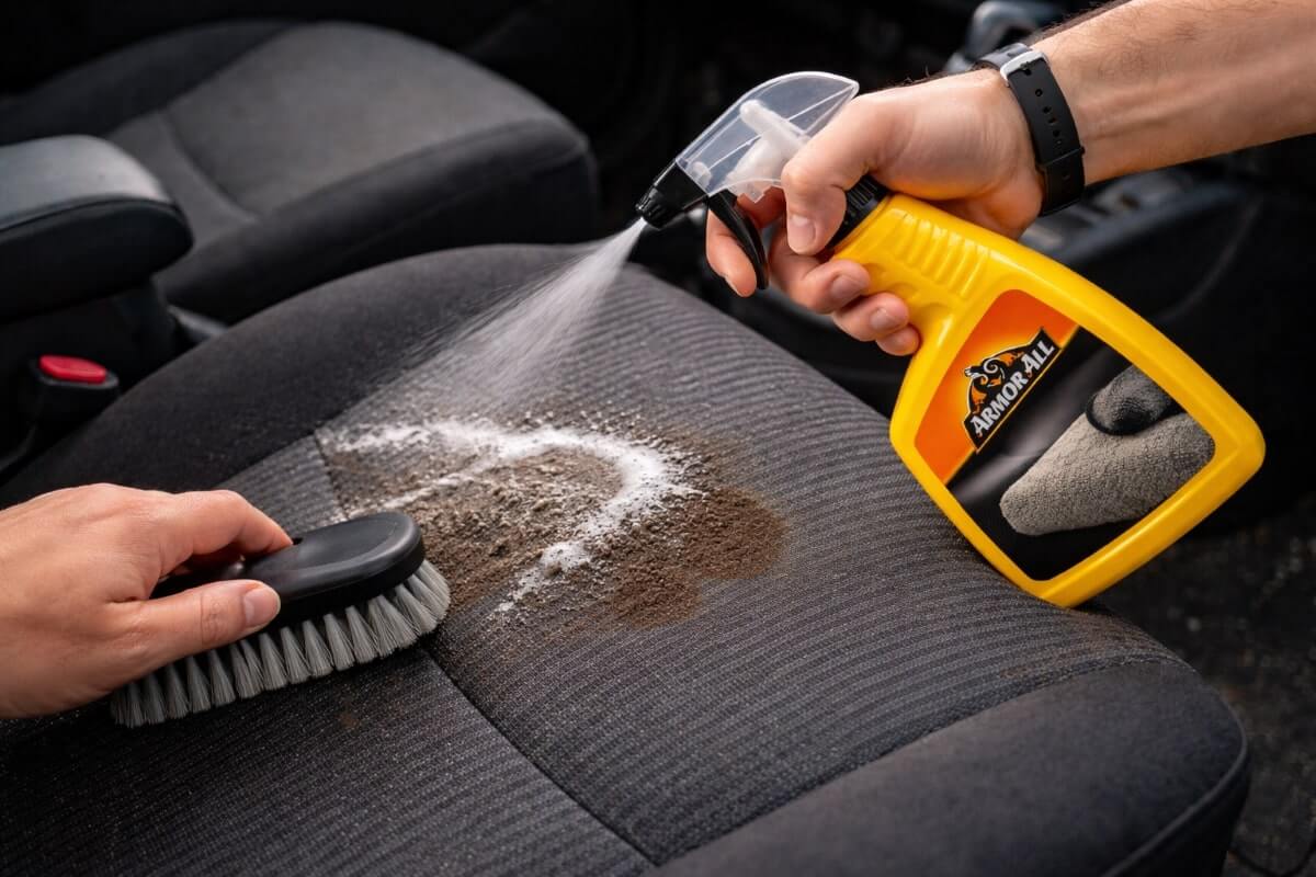 تنظيف تنجيد مقعد سيارة باستخدام منظف وفرشاة يدوية
