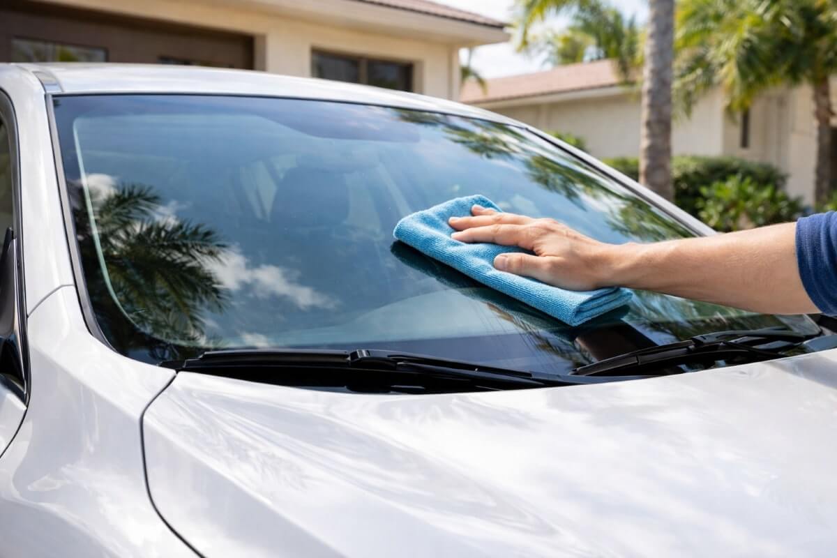 تنظيف زجاج السيارة الأمامي باستخدام قطعة ألياف دقيقة في المنزل
