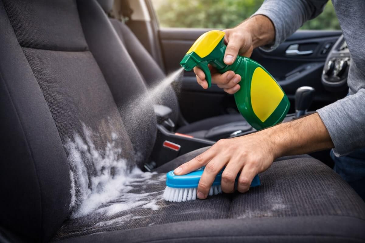 تنظيف مقاعد السيارة القماش يدويًا في المنزل باستخدام فرشاة ومنظف مناسب