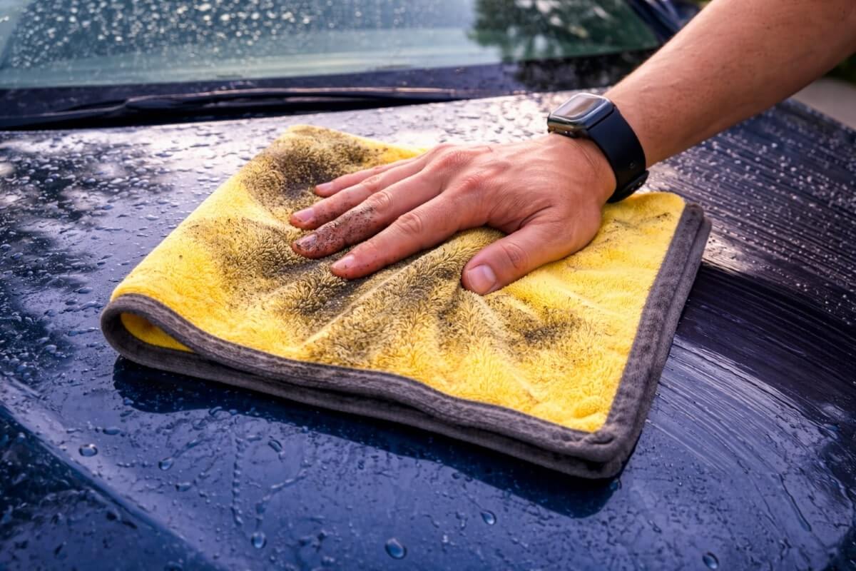 مقارنة بين منشفة تجفيف مايكروفايبر سميكة ومنشفة عادية على طلاء السيارة