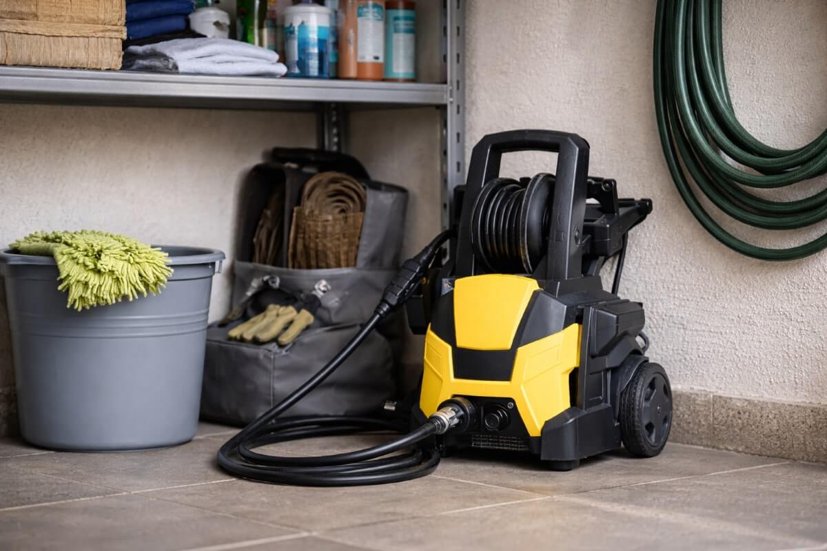 ماكينة غسيل سيارات منزلية موضوعة في المرآب وسهلة التخزين