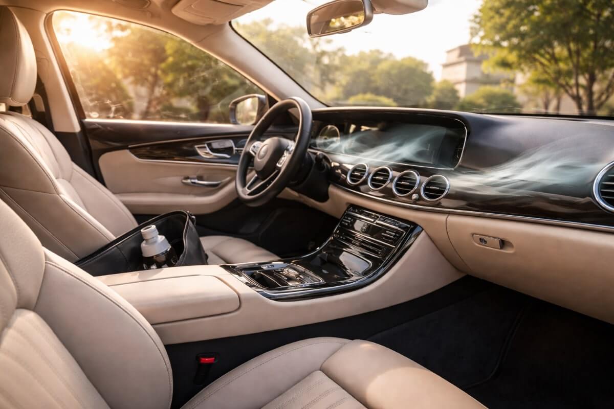 داخل سيارة مستخدمة يوميًا بإضاءة صباحية يعكس استخدام معطر سيارة يدوم طويلًا