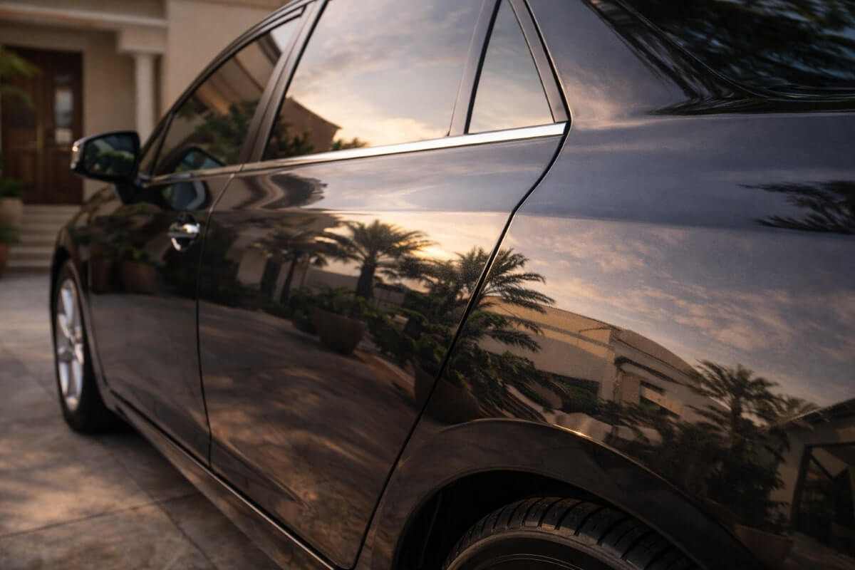 لمعان طلاء سيارة داكنة بعد التلميع المنزلي وانعكاس واضح