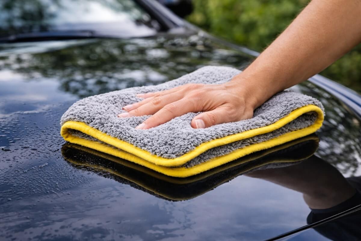 تنشيف السيارة بمنشفة مايكروفايبر بلطف بدون ضغط على الطلاء