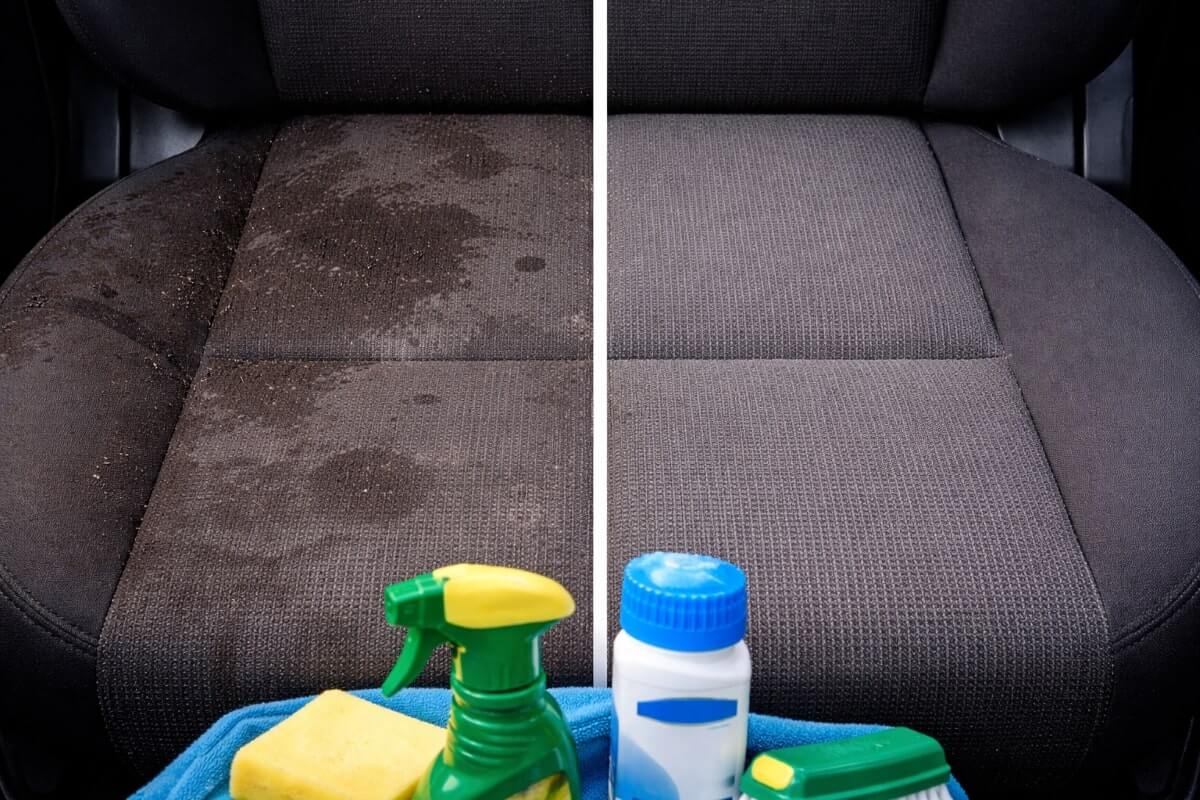مقارنة قبل وبعد تنظيف مقاعد السيارة القماش مع فرق واضح في النظافة