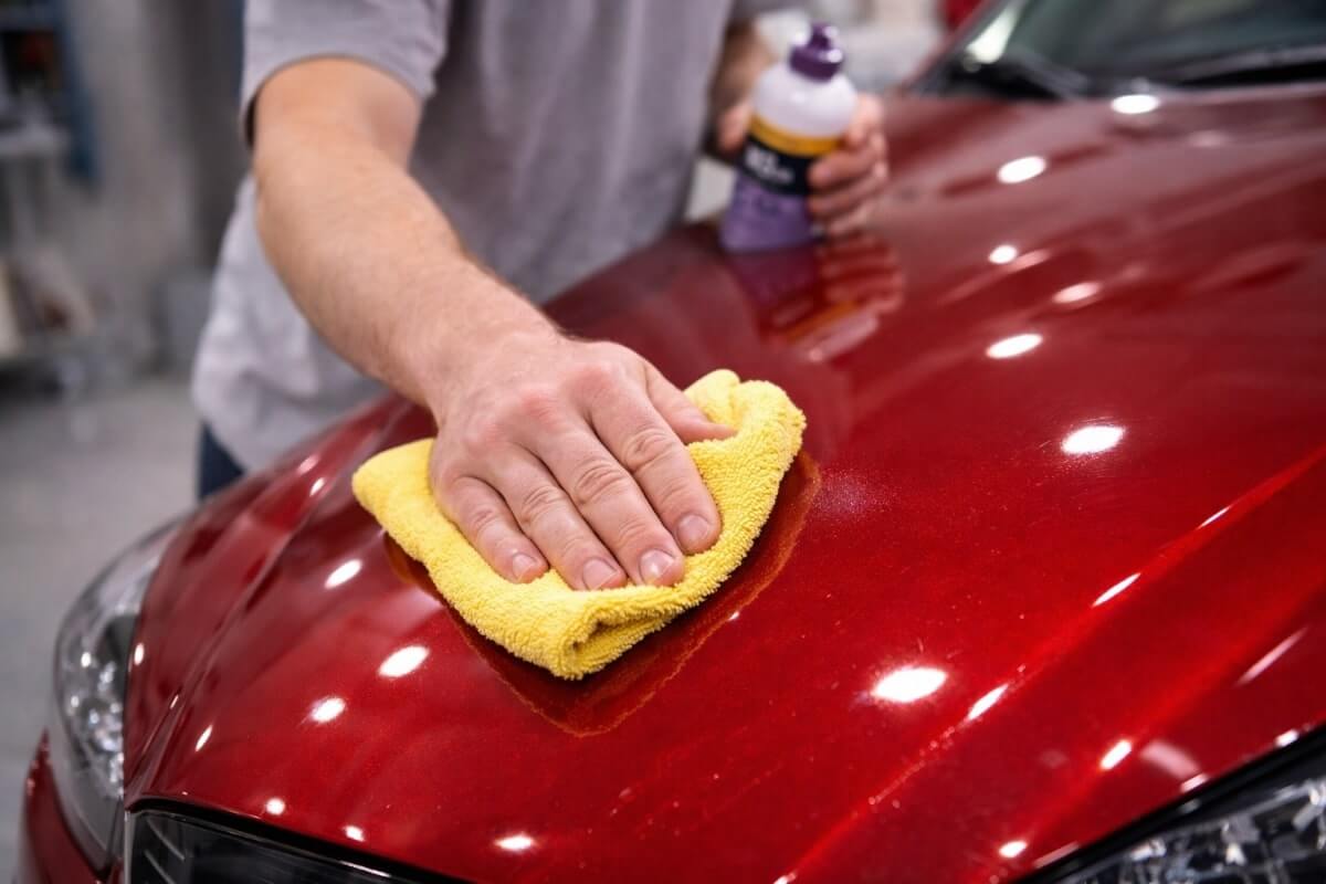 تطبيق ملمع طلاء السيارة يدويًا باستخدام منشفة مايكروفايبر