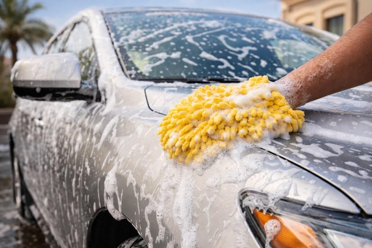 غسيل سيارة يدوي باستخدام رغوة شامبو وقفاز مايكروفايبر في بيئة منزلية